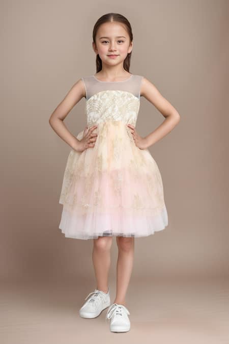 Petite Pomme Embellished Cream Party Dress 
