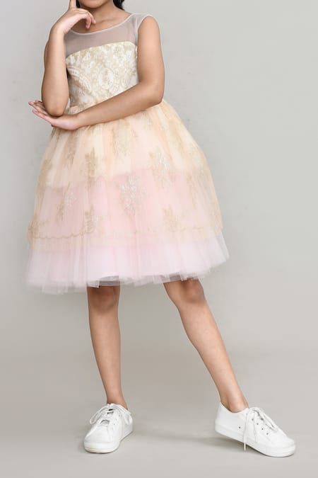 Petite Pomme_Cream Net, Satin Embroidery Embellished Party Dress _Online_at_Aza_Fashions