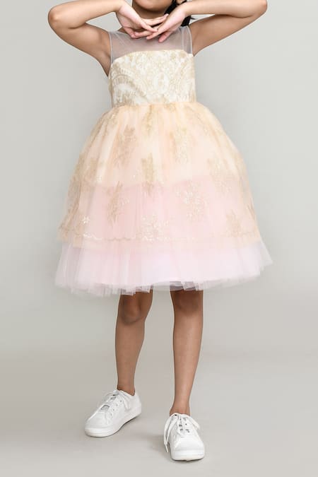 Buy_Petite Pomme_Cream Net, Satin Embroidery Embellished Party Dress _Online_at_Aza_Fashions