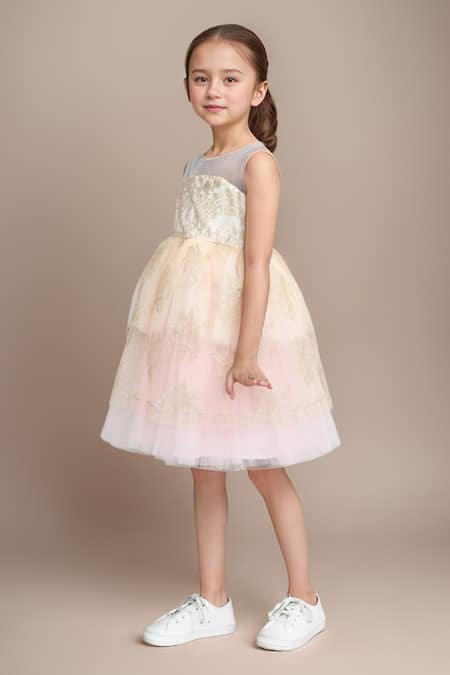 Shop Petite Pomme Cream Net, Satin Embroidery Embellished Party Dress Online at Aza Fashions Shop_Petite Pomme_Cream Net, Satin Embroidery Embellished Party Dress _Online_at_Aza_Fashions