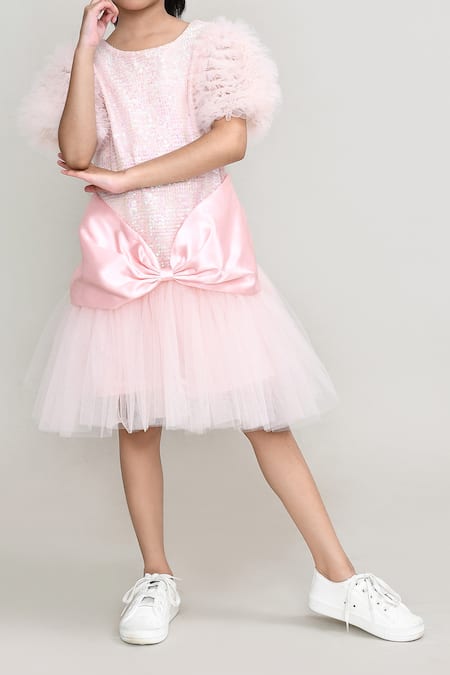 Petite Pomme_Pink Net Bows Embellished Party Dress _Online_at_Aza_Fashions