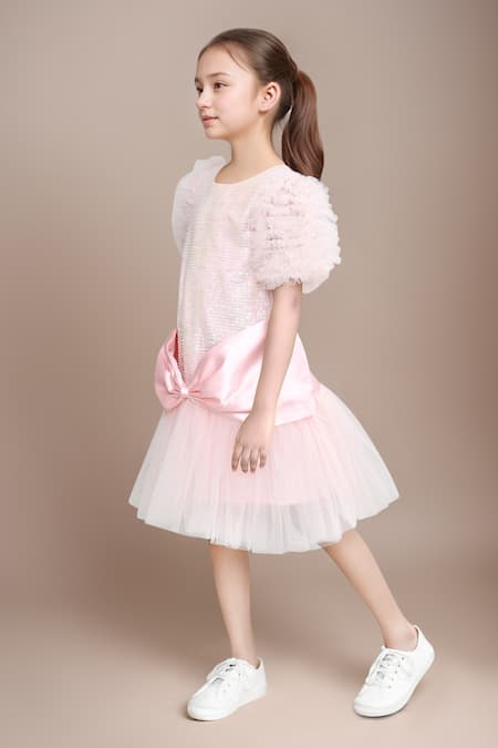 Shop Petite Pomme Pink Net Bows Embellished Party Dress Online at Aza Fashions Shop_Petite Pomme_Pink Net Bows Embellished Party Dress _Online_at_Aza_Fashions