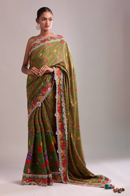 Torani_Green Silk Tassels Floral Embroidered Saree_at_Aza_Fashions