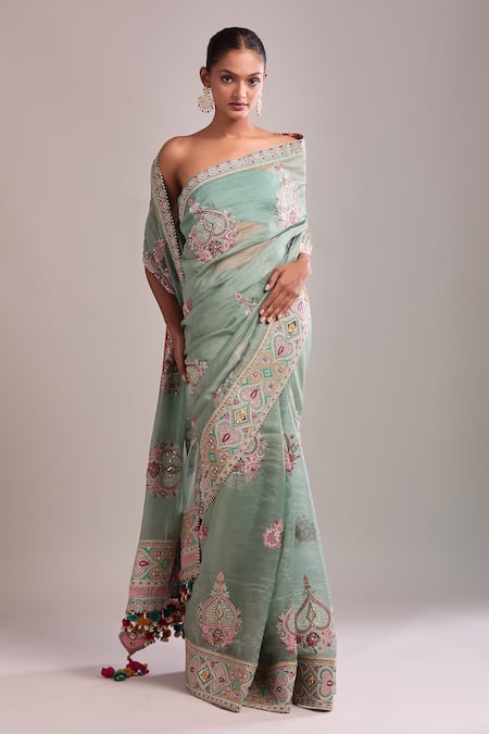 Torani_Green Organza, Net Embroidery Saree Set _Online_at_Aza_Fashions