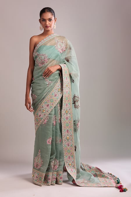 Torani_Green Organza, Net Embroidery Saree Set _at_Aza_Fashions