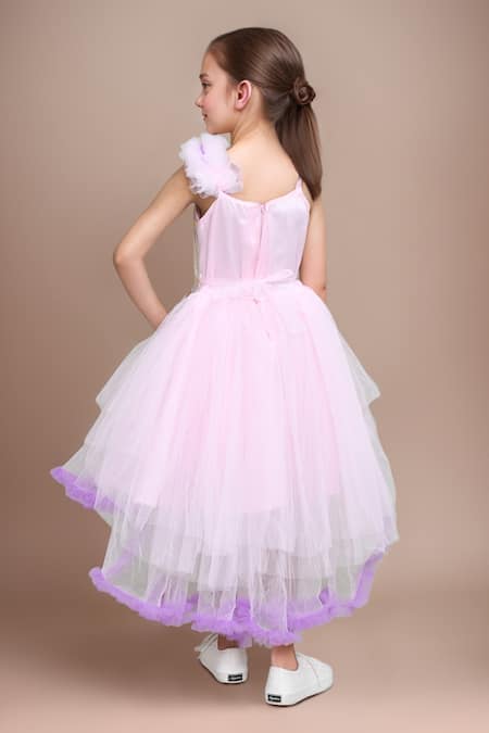 Shop Petite Pomme Pink Net Beads High Low Embellished Dress at Aza Fashions Shop_Petite Pomme_Pink Net Beads High Low Embellished Dress _at_Aza_Fashions