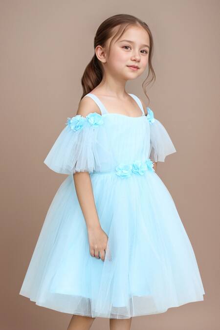 Shop Petite Pomme Blue Net, Satin Fabric Flowers Embellished Off Shoulder Party Dress Online at Aza Fashions Shop_Petite Pomme_Blue Net, Satin Fabric Flowers Embellished Off Shoulder Party Dress _Online_at_Aza_Fashions
