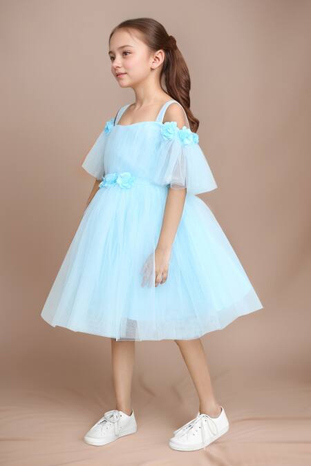 Petite Pomme Blue Net, Satin Fabric Flowers Embellished Off Shoulder Party Dress at Aza Fashions Petite Pomme_Blue Net, Satin Fabric Flowers Embellished Off Shoulder Party Dress _at_Aza_Fashions