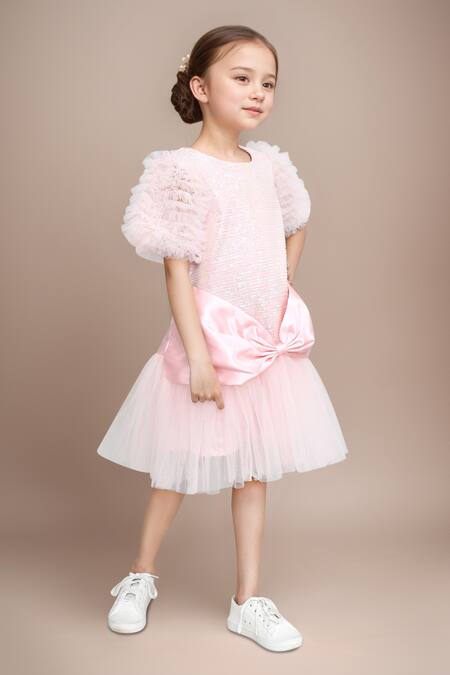 Petite Pomme Pink Net Bows Embellished Party Dress at Aza Fashions Petite Pomme_Pink Net Bows Embellished Party Dress _at_Aza_Fashions