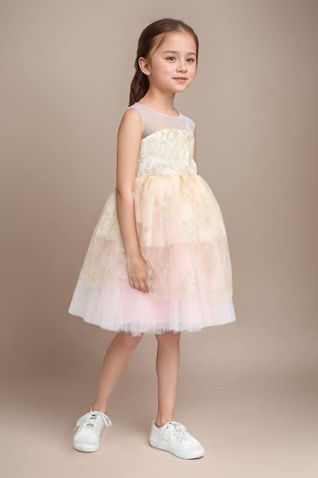 Petite Pomme Cream Net, Satin Embroidery Embellished Party Dress at Aza Fashions Petite Pomme_Cream Net, Satin Embroidery Embellished Party Dress _at_Aza_Fashions