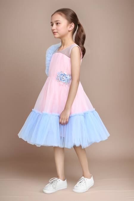 Petite Pomme Peach Net, Satin Fabric Flowers Embellished Party Dress at Aza Fashions Petite Pomme_Peach Net, Satin Fabric Flowers Embellished Party Dress _at_Aza_Fashions