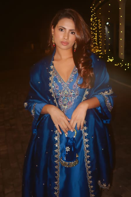 Irrau By Samir Mantri Blue , Chanderi, Organza Cut Work, Sequins, Myra Neckline Kurta Set 