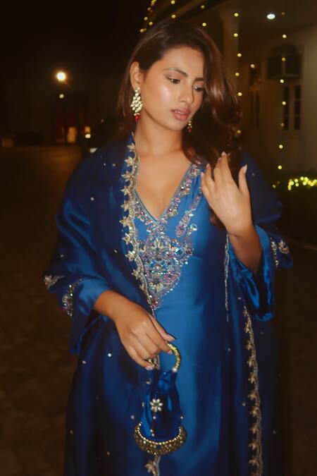 Shop Irrau By Samir Mantri Blue , Chanderi, Organza Cut Work, Sequins, Myra Neckline Kurta Set Shop_Irrau By Samir Mantri_Blue , Chanderi, Organza Cut Work, Sequins, Myra Neckline Kurta Set