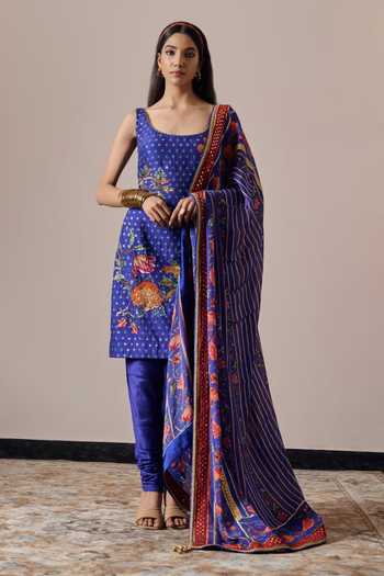 Irrau By Samir Mantri_Blue Cotton, Silk, Chiffon Beads, Sequins Nyra Blooming Flower Print Kurta Set _at_Aza_Fashions