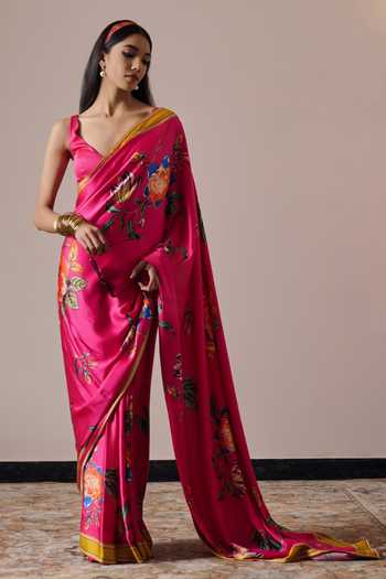 Irrau By Samir Mantri_Multicolor Satin Anaya Floral Print Saree _at_Aza_Fashions