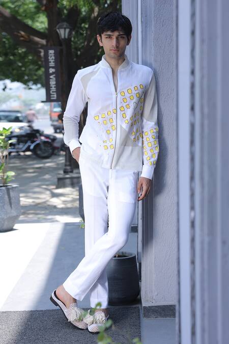 Ankur J_White Linen Embroidery Designer Shirt With Crochet _Online_at_Aza_Fashions