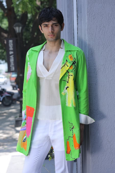 Ankur J_Green Cotton Embroidery Designer Crochet Overlay Jacket Set _at_Aza_Fashions