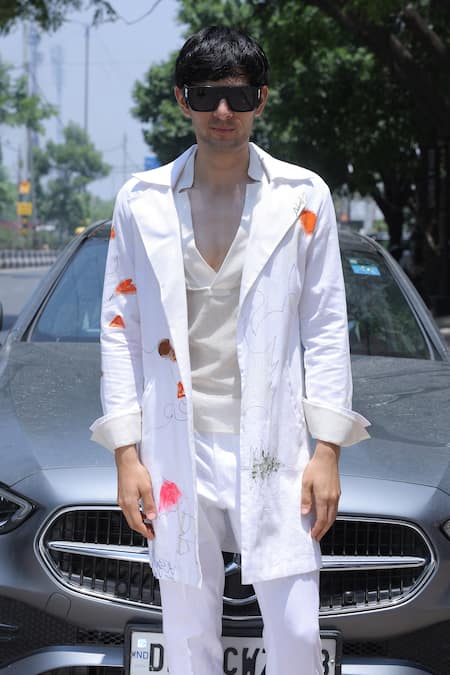 Ankur J_White Linen Embroidery Designer Overlay Jacket Set _Online_at_Aza_Fashions