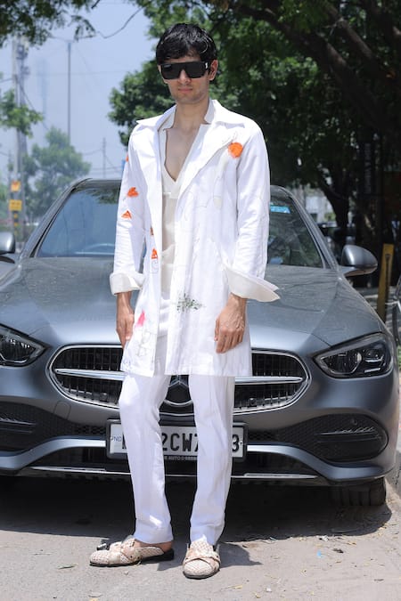 Ankur J Designer White Linen Overlay Jacket Set 