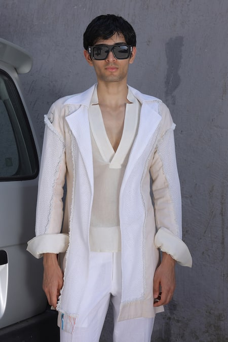 Ankur J_Off White Linen Designer Overlay Jacket Set _Online_at_Aza_Fashions