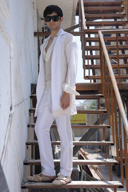 Shop_Ankur J_Off White Linen Designer Overlay Jacket Set _Online_at_Aza_Fashions