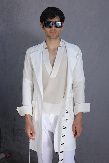 Ankur J_White Cotton Embroidery Crochet Overlay Jacket Set _Online_at_Aza_Fashions