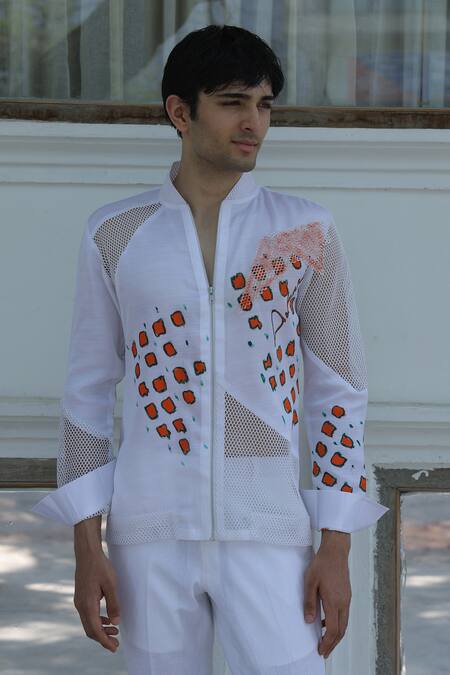 Buy_Ankur J_White Cotton Embroidery Designer Crochet Bomber Shirt _Online_at_Aza_Fashions