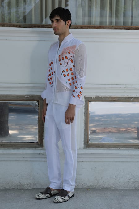 Shop_Ankur J_White Cotton Embroidery Designer Crochet Bomber Shirt _Online_at_Aza_Fashions