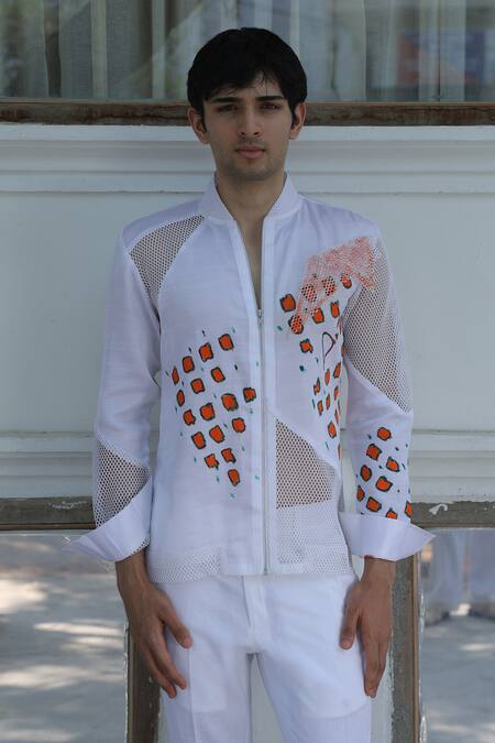 Ankur J_White Cotton Embroidery Designer Crochet Bomber Shirt _at_Aza_Fashions