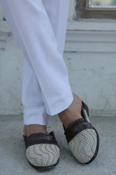 Ankur J_Off White Crochet Overlay Jacket And Pant Set _Online_at_Aza_Fashions