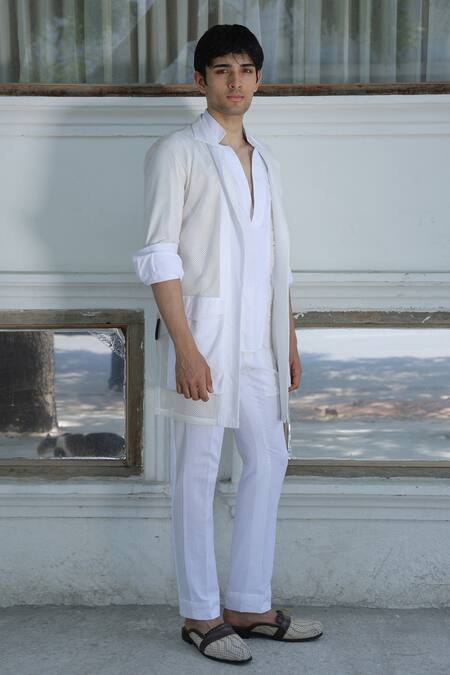 Ankur J_Off White Crochet Overlay Jacket And Pant Set _at_Aza_Fashions