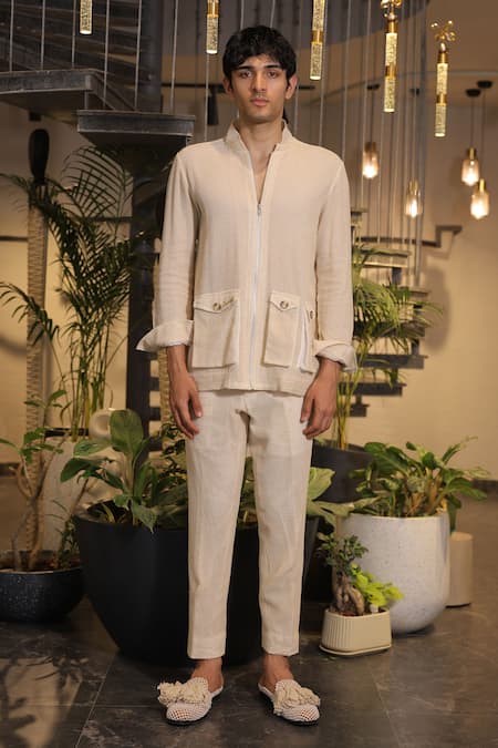 Ankur J_Beige Modal, Satin Bomber Shirt _Online_at_Aza_Fashions