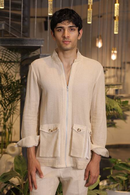 Buy_Ankur J_Beige Modal, Satin Bomber Shirt 
