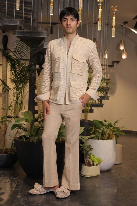 Buy_Ankur J_Beige Cotton Crochet Bomber Jacket _Online_at_Aza_Fashions