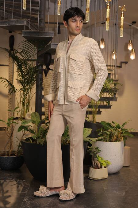 Shop_Ankur J_Beige Cotton Crochet Bomber Jacket _Online_at_Aza_Fashions