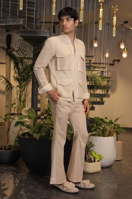 Ankur J_Beige Cotton Crochet Bomber Jacket _at_Aza_Fashions