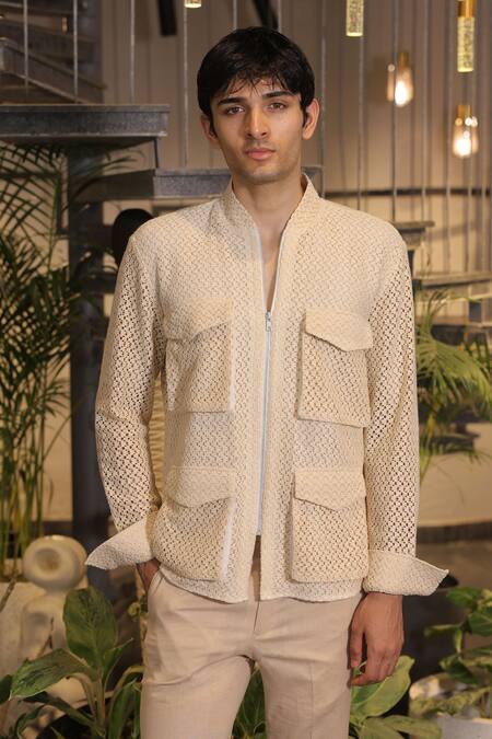 Buy_Ankur J_Beige Cotton Crochet Bomber Jacket 