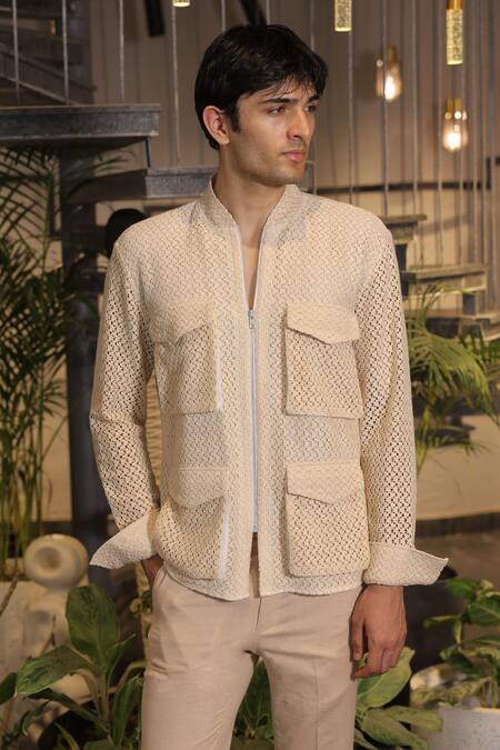 Shop_Ankur J_Beige Cotton Crochet Bomber Jacket 