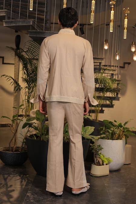 Ankur J Beige Crochet Bomber Shirt 