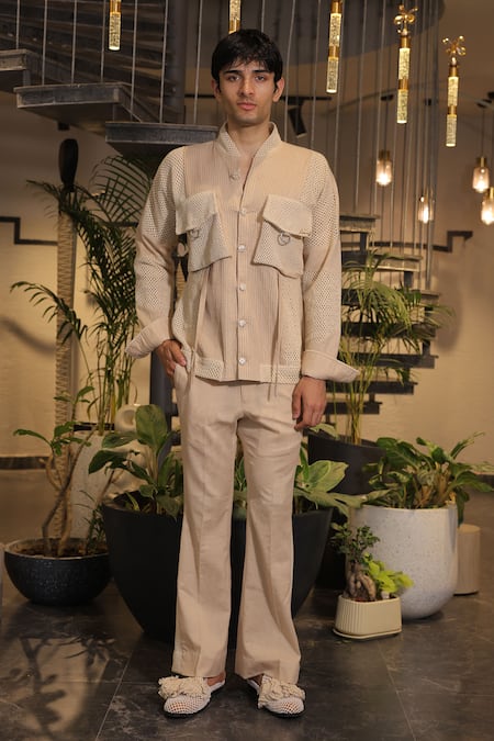 Ankur J Beige Cotton Crochet Bomber Shirt 