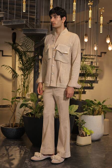 Ankur J_Beige Cotton Crochet Bomber Shirt _Online_at_Aza_Fashions