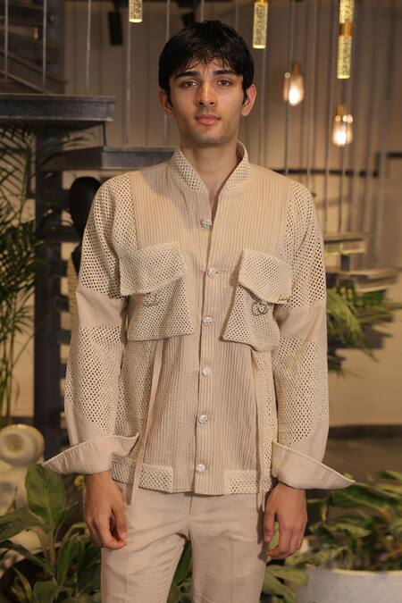 Ankur J_Beige Cotton Crochet Bomber Shirt _at_Aza_Fashions