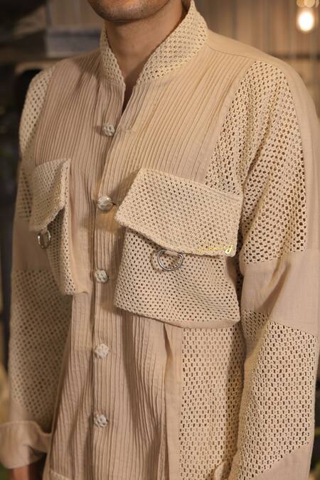Buy_Ankur J_Beige Cotton Crochet Bomber Shirt 