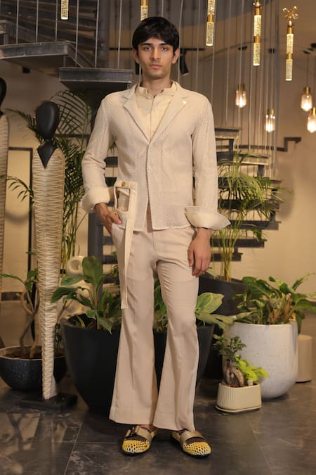 Ankur J Beige Linen And Crochet Shirt Pant Set 