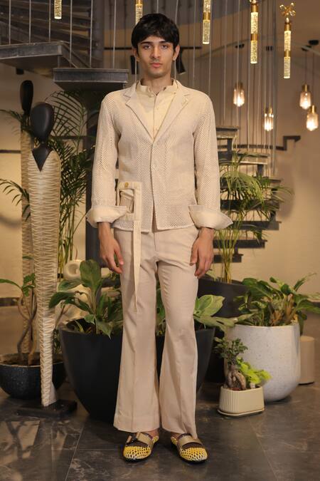 Ankur J_Beige Linen And Crochet Shirt Pant Set _Online_at_Aza_Fashions