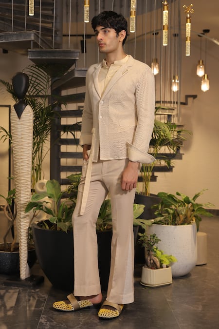 Buy_Ankur J_Beige Linen And Crochet Shirt Pant Set _Online_at_Aza_Fashions