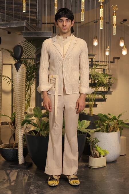 Shop_Ankur J_Beige Linen And Crochet Shirt Pant Set _Online_at_Aza_Fashions