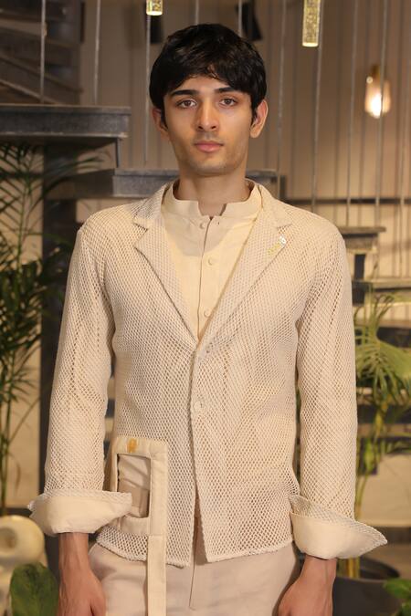Buy_Ankur J_Beige Linen And Crochet Shirt Pant Set 