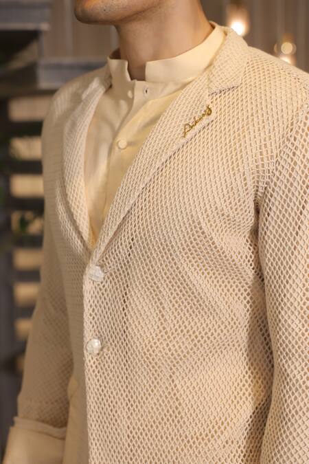 Shop_Ankur J_Beige Linen And Crochet Shirt Pant Set 