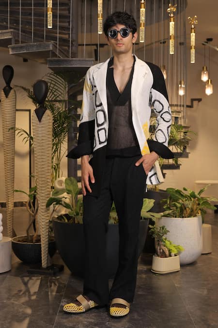Buy_Ankur J_Black Linen Crochet Overlay Jacket Set _Online_at_Aza_Fashions